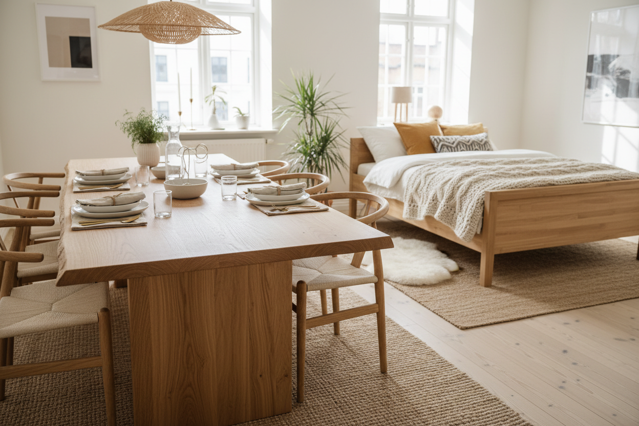 create a warm scandinavian room setting with solid wood live edge dining table with 6 chair on the left side and scandinavian solid wood frame bed frame on the right side

with dining set placement and utensil and plates on live edge dining table, 

The bed is display at an angle , the dining table is display at an angle in large room setting

With good close up focus