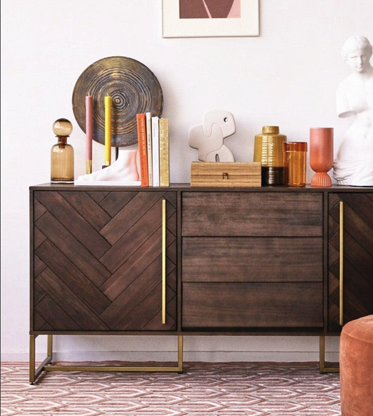 DELANEY Herringbone Solid Wood American Ash Acacia Sideboard Buffet Cabinet