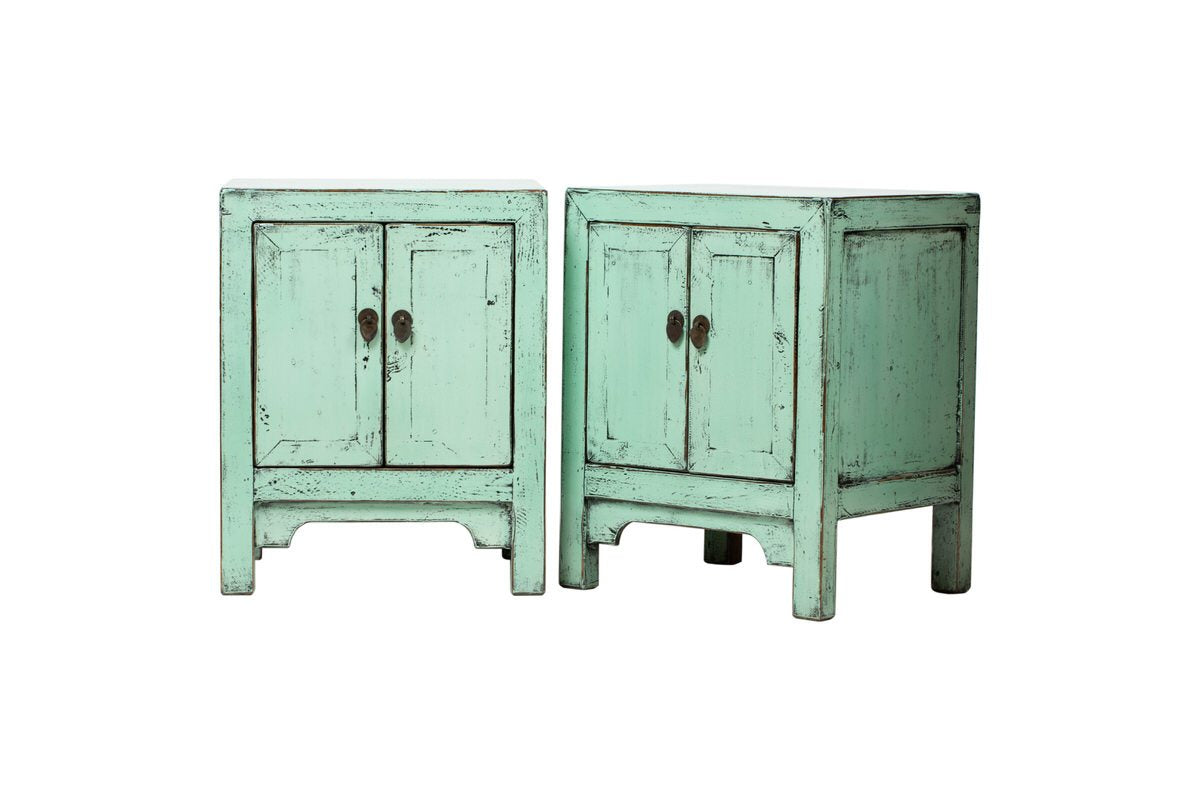 Pair of Royal Seafoam Green 2 Door Chinese Bedside Cabinets