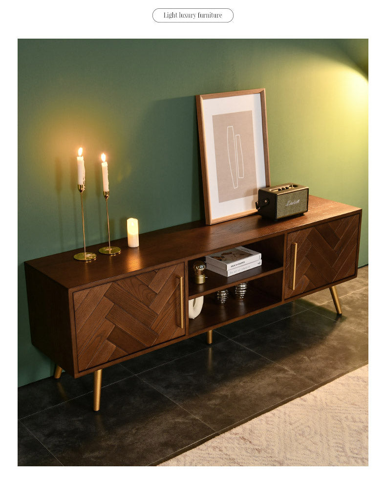 LILAH Herringbone TV Console Solid Wood American Ash Cabinet