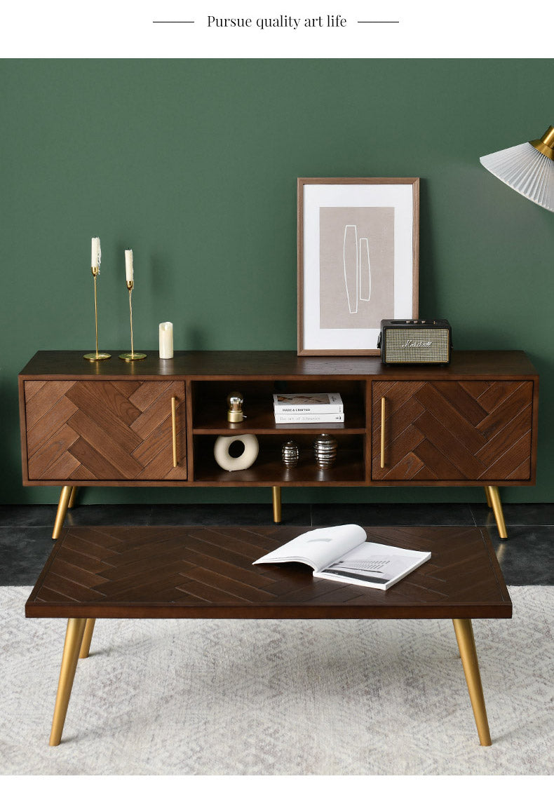 LILAH Herringbone TV Console Solid Wood American Ash Cabinet