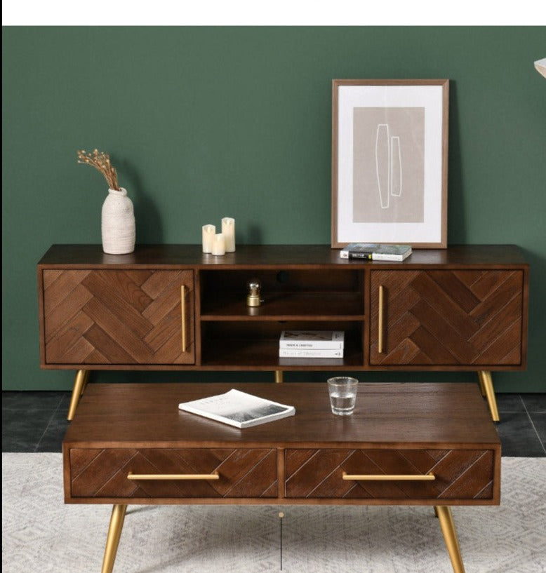 LILAH Herringbone TV Console Solid Wood American Ash Cabinet